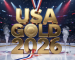 A viral, hyper-realistic YouTube thumbnail with a kinetic sports victory atmosphere. The background is a packed Olympic ice rink in Milan at night with red, white and blue spotlights cutting through celebratory confetti and smoke. The composition uses a dramatic low-angle shot to focus on the main subject: a gleaming gold medal hanging from a red-white-blue ribbon against cracked ice. The image features massive 3D typography with strict hierarchy: The Primary Text reads exactly: 'USA GOLD 2026'. This text is massive, the largest element in the frame, rendered in polished gold chrome with realistic reflections and ice particles. The Secondary Text reads exactly: 'Miracle Repeated'. This text is significantly smaller, positioned below the main text with a bold white fill and thick electric-blue glowing outline to contrast against the dark ice. The text materials correspond to the story's concept. Crucial Instruction: There is absolutely NO other text, numbers, watermarks, or subtitles in this image other than these two specific lines. 8k, Unreal Engine 5, cinematic render