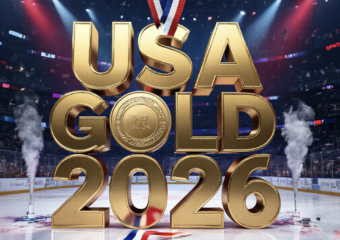 A viral, hyper-realistic YouTube thumbnail with a kinetic sports victory atmosphere. The background is a packed Olympic ice rink in Milan at night with red, white and blue spotlights cutting through celebratory confetti and smoke. The composition uses a dramatic low-angle shot to focus on the main subject: a gleaming gold medal hanging from a red-white-blue ribbon against cracked ice. The image features massive 3D typography with strict hierarchy: The Primary Text reads exactly: 'USA GOLD 2026'. This text is massive, the largest element in the frame, rendered in polished gold chrome with realistic reflections and ice particles. The Secondary Text reads exactly: 'Miracle Repeated'. This text is significantly smaller, positioned below the main text with a bold white fill and thick electric-blue glowing outline to contrast against the dark ice. The text materials correspond to the story's concept. Crucial Instruction: There is absolutely NO other text, numbers, watermarks, or subtitles in this image other than these two specific lines. 8k, Unreal Engine 5, cinematic render
