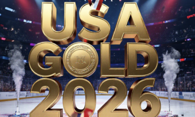 A viral, hyper-realistic YouTube thumbnail with a kinetic sports victory atmosphere. The background is a packed Olympic ice rink in Milan at night with red, white and blue spotlights cutting through celebratory confetti and smoke. The composition uses a dramatic low-angle shot to focus on the main subject: a gleaming gold medal hanging from a red-white-blue ribbon against cracked ice. The image features massive 3D typography with strict hierarchy: The Primary Text reads exactly: 'USA GOLD 2026'. This text is massive, the largest element in the frame, rendered in polished gold chrome with realistic reflections and ice particles. The Secondary Text reads exactly: 'Miracle Repeated'. This text is significantly smaller, positioned below the main text with a bold white fill and thick electric-blue glowing outline to contrast against the dark ice. The text materials correspond to the story's concept. Crucial Instruction: There is absolutely NO other text, numbers, watermarks, or subtitles in this image other than these two specific lines. 8k, Unreal Engine 5, cinematic render