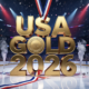 A viral, hyper-realistic YouTube thumbnail with a kinetic sports victory atmosphere. The background is a packed Olympic ice rink in Milan at night with red, white and blue spotlights cutting through celebratory confetti and smoke. The composition uses a dramatic low-angle shot to focus on the main subject: a gleaming gold medal hanging from a red-white-blue ribbon against cracked ice. The image features massive 3D typography with strict hierarchy: The Primary Text reads exactly: 'USA GOLD 2026'. This text is massive, the largest element in the frame, rendered in polished gold chrome with realistic reflections and ice particles. The Secondary Text reads exactly: 'Miracle Repeated'. This text is significantly smaller, positioned below the main text with a bold white fill and thick electric-blue glowing outline to contrast against the dark ice. The text materials correspond to the story's concept. Crucial Instruction: There is absolutely NO other text, numbers, watermarks, or subtitles in this image other than these two specific lines. 8k, Unreal Engine 5, cinematic render