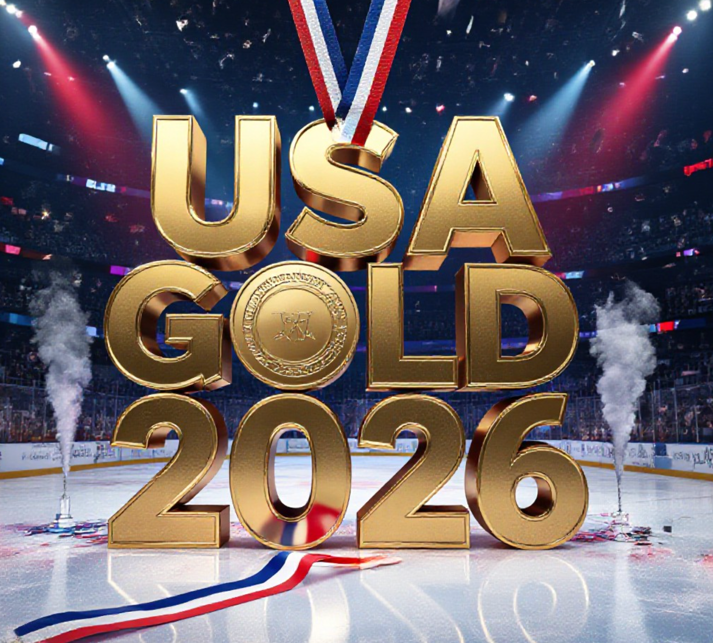 A viral, hyper-realistic YouTube thumbnail with a kinetic sports victory atmosphere. The background is a packed Olympic ice rink in Milan at night with red, white and blue spotlights cutting through celebratory confetti and smoke. The composition uses a dramatic low-angle shot to focus on the main subject: a gleaming gold medal hanging from a red-white-blue ribbon against cracked ice. The image features massive 3D typography with strict hierarchy: The Primary Text reads exactly: 'USA GOLD 2026'. This text is massive, the largest element in the frame, rendered in polished gold chrome with realistic reflections and ice particles. The Secondary Text reads exactly: 'Miracle Repeated'. This text is significantly smaller, positioned below the main text with a bold white fill and thick electric-blue glowing outline to contrast against the dark ice. The text materials correspond to the story's concept. Crucial Instruction: There is absolutely NO other text, numbers, watermarks, or subtitles in this image other than these two specific lines. 8k, Unreal Engine 5, cinematic render