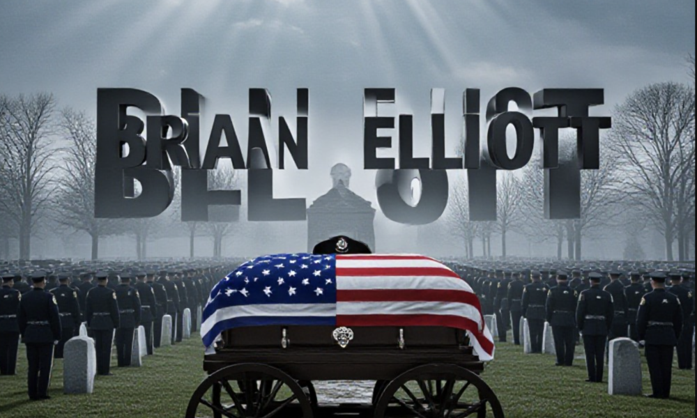 A viral, hyper-realistic YouTube thumbnail with a somber police tribute atmosphere. The background is a misty Indiana winter morning at a packed church cemetery with thousands of uniformed officers standing at attention under gray skies with dramatic god rays breaking through clouds. The composition uses a wide, low-angle shot to focus on the main subject: a highly detailed, flag-draped casket on a horse-drawn caisson with a black-banded police badge resting on top. The image features massive 3D typography with strict hierarchy: The Primary Text reads exactly: 'BRIAN ELLIOTT'. This text is massive, the largest element in the frame, rendered in polished chrome with subtle blue police light reflections to look like a high-budget 3D render. The Secondary Text reads exactly: 'LAID TO REST'. This text is significantly smaller, positioned below the main text with a thick white glow border and red outline sticker style to contrast against the background. The text materials correspond to the story's concept. Crucial Instruction: There is absolutely NO other text, numbers, watermarks, or subtitles in this image other than these two specific lines. 8k, Unreal Engine 5, cinematic render