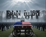 A viral, hyper-realistic YouTube thumbnail with a somber police tribute atmosphere. The background is a misty Indiana winter morning at a packed church cemetery with thousands of uniformed officers standing at attention under gray skies with dramatic god rays breaking through clouds. The composition uses a wide, low-angle shot to focus on the main subject: a highly detailed, flag-draped casket on a horse-drawn caisson with a black-banded police badge resting on top. The image features massive 3D typography with strict hierarchy: The Primary Text reads exactly: 'BRIAN ELLIOTT'. This text is massive, the largest element in the frame, rendered in polished chrome with subtle blue police light reflections to look like a high-budget 3D render. The Secondary Text reads exactly: 'LAID TO REST'. This text is significantly smaller, positioned below the main text with a thick white glow border and red outline sticker style to contrast against the background. The text materials correspond to the story's concept. Crucial Instruction: There is absolutely NO other text, numbers, watermarks, or subtitles in this image other than these two specific lines. 8k, Unreal Engine 5, cinematic render