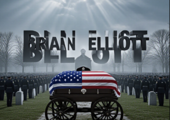 A viral, hyper-realistic YouTube thumbnail with a somber police tribute atmosphere. The background is a misty Indiana winter morning at a packed church cemetery with thousands of uniformed officers standing at attention under gray skies with dramatic god rays breaking through clouds. The composition uses a wide, low-angle shot to focus on the main subject: a highly detailed, flag-draped casket on a horse-drawn caisson with a black-banded police badge resting on top. The image features massive 3D typography with strict hierarchy: The Primary Text reads exactly: 'BRIAN ELLIOTT'. This text is massive, the largest element in the frame, rendered in polished chrome with subtle blue police light reflections to look like a high-budget 3D render. The Secondary Text reads exactly: 'LAID TO REST'. This text is significantly smaller, positioned below the main text with a thick white glow border and red outline sticker style to contrast against the background. The text materials correspond to the story's concept. Crucial Instruction: There is absolutely NO other text, numbers, watermarks, or subtitles in this image other than these two specific lines. 8k, Unreal Engine 5, cinematic render