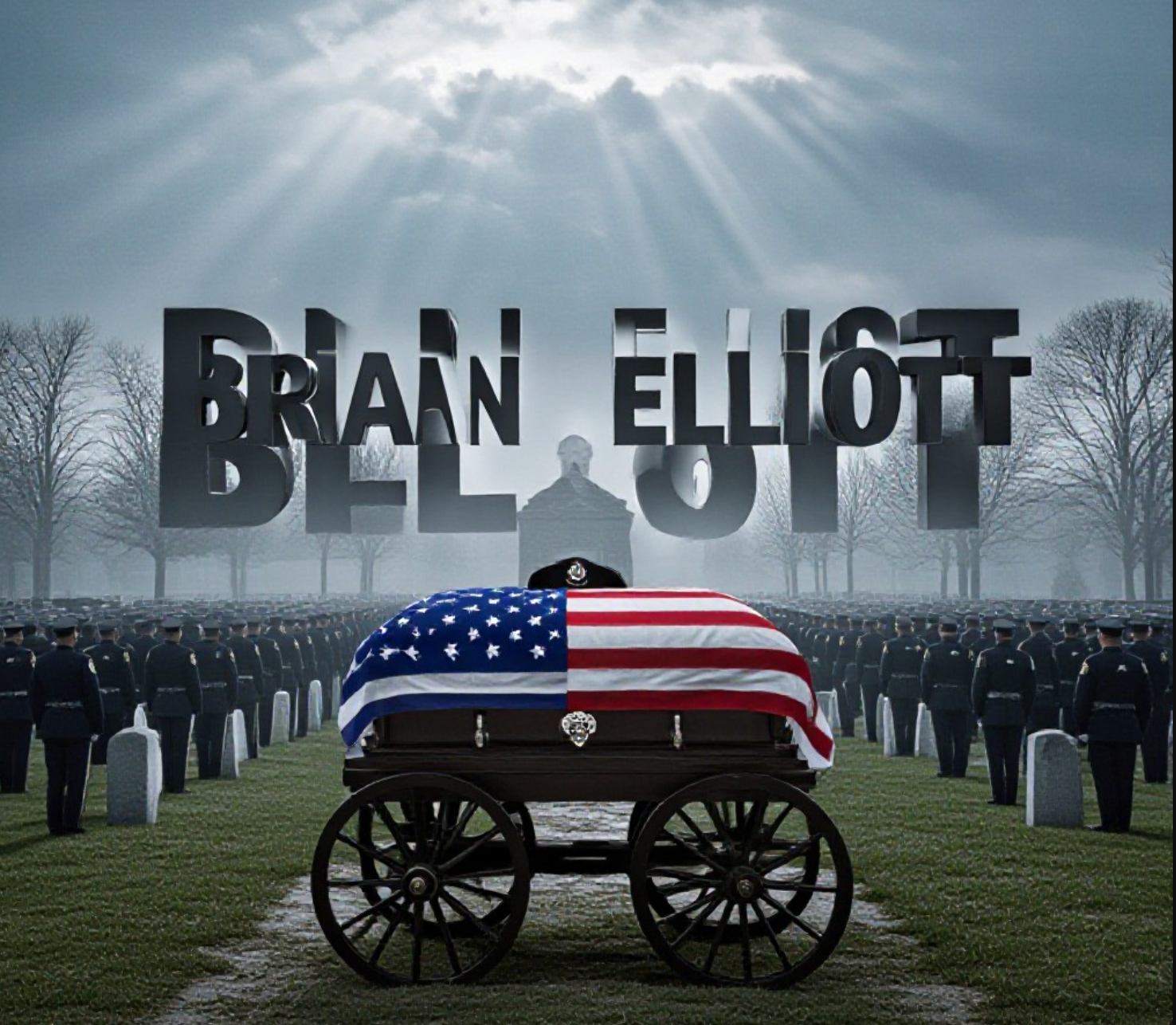 A viral, hyper-realistic YouTube thumbnail with a somber police tribute atmosphere. The background is a misty Indiana winter morning at a packed church cemetery with thousands of uniformed officers standing at attention under gray skies with dramatic god rays breaking through clouds. The composition uses a wide, low-angle shot to focus on the main subject: a highly detailed, flag-draped casket on a horse-drawn caisson with a black-banded police badge resting on top. The image features massive 3D typography with strict hierarchy: The Primary Text reads exactly: 'BRIAN ELLIOTT'. This text is massive, the largest element in the frame, rendered in polished chrome with subtle blue police light reflections to look like a high-budget 3D render. The Secondary Text reads exactly: 'LAID TO REST'. This text is significantly smaller, positioned below the main text with a thick white glow border and red outline sticker style to contrast against the background. The text materials correspond to the story's concept. Crucial Instruction: There is absolutely NO other text, numbers, watermarks, or subtitles in this image other than these two specific lines. 8k, Unreal Engine 5, cinematic render