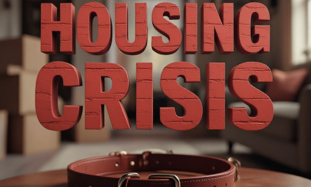 A viral, hyper-realistic YouTube thumbnail with a Somber yet Hopeful atmosphere. The background is a blurred, warm-lit interior of a cozy living room with moving boxes packed in the corner. The composition uses a Eye-Level Angle to focus on the main subject: a detailed Leather Dog Collar resting on a wooden table. The image features massive 3D typography with strict hierarchy: The Primary Text reads exactly: 'HOUSING CRISIS'. This text is massive, the largest element in the frame, rendered in Matte Red Brick texture to look like a high-budget 3D render. The Secondary Text reads exactly: 'PETS LEFT BEHIND'. This text is significantly smaller, positioned below or next to the main text. It features a thick, distinct white border/outline (sticker style) to contrast against the background. Make sure text 2 is always different theme, style, effect and border compared to text 1.