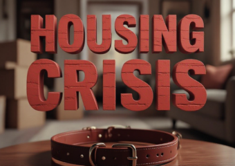 A viral, hyper-realistic YouTube thumbnail with a Somber yet Hopeful atmosphere. The background is a blurred, warm-lit interior of a cozy living room with moving boxes packed in the corner. The composition uses a Eye-Level Angle to focus on the main subject: a detailed Leather Dog Collar resting on a wooden table. The image features massive 3D typography with strict hierarchy: The Primary Text reads exactly: 'HOUSING CRISIS'. This text is massive, the largest element in the frame, rendered in Matte Red Brick texture to look like a high-budget 3D render. The Secondary Text reads exactly: 'PETS LEFT BEHIND'. This text is significantly smaller, positioned below or next to the main text. It features a thick, distinct white border/outline (sticker style) to contrast against the background. Make sure text 2 is always different theme, style, effect and border compared to text 1.