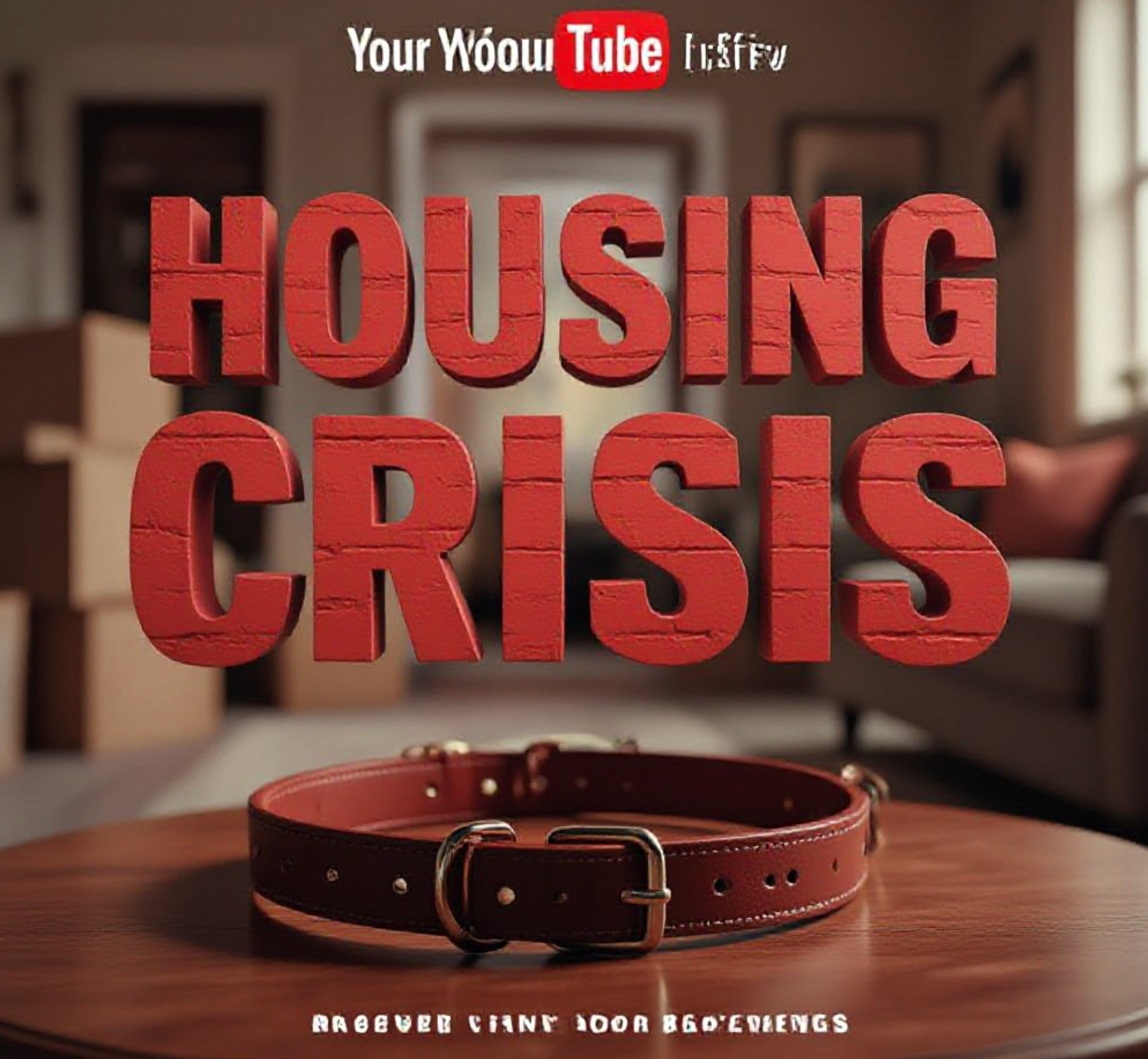 A viral, hyper-realistic YouTube thumbnail with a Somber yet Hopeful atmosphere. The background is a blurred, warm-lit interior of a cozy living room with moving boxes packed in the corner. The composition uses a Eye-Level Angle to focus on the main subject: a detailed Leather Dog Collar resting on a wooden table. The image features massive 3D typography with strict hierarchy: The Primary Text reads exactly: 'HOUSING CRISIS'. This text is massive, the largest element in the frame, rendered in Matte Red Brick texture to look like a high-budget 3D render. The Secondary Text reads exactly: 'PETS LEFT BEHIND'. This text is significantly smaller, positioned below or next to the main text. It features a thick, distinct white border/outline (sticker style) to contrast against the background. Make sure text 2 is always different theme, style, effect and border compared to text 1.