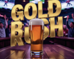 A viral, hyper-realistic YouTube thumbnail with a energetic Sports Bar atmosphere. The background is a bustling, modern pub interior with blurred cheering fans and multiple TV screens glowing with hockey game footage. The composition uses a Low Angle to focus on the main subject: a foaming glass of golden beer resting on a wooden bar counter. The image features massive 3D typography with strict hierarchy: The Primary Text reads exactly: 'GOLD RUSH'. This text is massive, the largest element in the frame, rendered in Gold Chrome to look like a high-budget 3D render. The Secondary Text reads exactly: 'RECORD OPENING'. This text is significantly smaller, positioned below or next to the main text. It features a thick, distinct color border/outline (sticker style) to contrast against the background. Make sure text 2 is always different theme, style, effect and border compared to text 1.