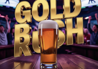 A viral, hyper-realistic YouTube thumbnail with a energetic Sports Bar atmosphere. The background is a bustling, modern pub interior with blurred cheering fans and multiple TV screens glowing with hockey game footage. The composition uses a Low Angle to focus on the main subject: a foaming glass of golden beer resting on a wooden bar counter. The image features massive 3D typography with strict hierarchy: The Primary Text reads exactly: 'GOLD RUSH'. This text is massive, the largest element in the frame, rendered in Gold Chrome to look like a high-budget 3D render. The Secondary Text reads exactly: 'RECORD OPENING'. This text is significantly smaller, positioned below or next to the main text. It features a thick, distinct color border/outline (sticker style) to contrast against the background. Make sure text 2 is always different theme, style, effect and border compared to text 1.