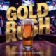 A viral, hyper-realistic YouTube thumbnail with a energetic Sports Bar atmosphere. The background is a bustling, modern pub interior with blurred cheering fans and multiple TV screens glowing with hockey game footage. The composition uses a Low Angle to focus on the main subject: a foaming glass of golden beer resting on a wooden bar counter. The image features massive 3D typography with strict hierarchy: The Primary Text reads exactly: 'GOLD RUSH'. This text is massive, the largest element in the frame, rendered in Gold Chrome to look like a high-budget 3D render. The Secondary Text reads exactly: 'RECORD OPENING'. This text is significantly smaller, positioned below or next to the main text. It features a thick, distinct color border/outline (sticker style) to contrast against the background. Make sure text 2 is always different theme, style, effect and border compared to text 1.