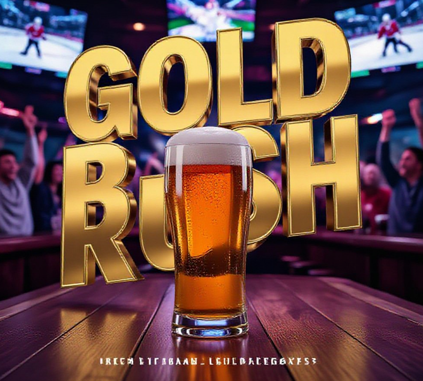 A viral, hyper-realistic YouTube thumbnail with a energetic Sports Bar atmosphere. The background is a bustling, modern pub interior with blurred cheering fans and multiple TV screens glowing with hockey game footage. The composition uses a Low Angle to focus on the main subject: a foaming glass of golden beer resting on a wooden bar counter. The image features massive 3D typography with strict hierarchy: The Primary Text reads exactly: 'GOLD RUSH'. This text is massive, the largest element in the frame, rendered in Gold Chrome to look like a high-budget 3D render. The Secondary Text reads exactly: 'RECORD OPENING'. This text is significantly smaller, positioned below or next to the main text. It features a thick, distinct color border/outline (sticker style) to contrast against the background. Make sure text 2 is always different theme, style, effect and border compared to text 1.