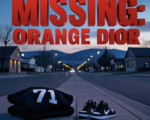 A viral, hyper-realistic YouTube thumbnail with a somber urgent atmosphere. The background is a quiet residential street in small town Cortez Colorado at dusk with distant mesas and soft street lighting. The composition uses a low angle to focus on the main subject: a black sweatshirt with the number 71 on the back lying folded on a concrete sidewalk next to black and white Nike shoes. The image features massive 3D typography with strict hierarchy: The Primary Text reads exactly: 'MISSING: ORANGE DIOR'. This text is massive, the largest element in the frame, rendered in bold red metallic with distressed edges to look like a high-budget 3D render. The Secondary Text reads exactly: '13, LAST SEEN CORTEZ'. This text is significantly smaller, positioned below the main text. It features a thick yellow border/outline (sticker style) to contrast against the background. Make sure text 2 is always different theme, style, effect and border compared to text 1.