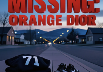 A viral, hyper-realistic YouTube thumbnail with a somber urgent atmosphere. The background is a quiet residential street in small town Cortez Colorado at dusk with distant mesas and soft street lighting. The composition uses a low angle to focus on the main subject: a black sweatshirt with the number 71 on the back lying folded on a concrete sidewalk next to black and white Nike shoes. The image features massive 3D typography with strict hierarchy: The Primary Text reads exactly: 'MISSING: ORANGE DIOR'. This text is massive, the largest element in the frame, rendered in bold red metallic with distressed edges to look like a high-budget 3D render. The Secondary Text reads exactly: '13, LAST SEEN CORTEZ'. This text is significantly smaller, positioned below the main text. It features a thick yellow border/outline (sticker style) to contrast against the background. Make sure text 2 is always different theme, style, effect and border compared to text 1.