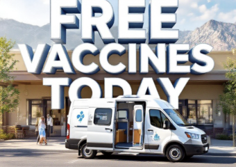 A viral, hyper-realistic YouTube thumbnail with a hopeful community health atmosphere. The background is a sunny Western Colorado street scene with subtle mountain outlines and warm inviting lighting. The composition uses a low angle to focus on the main subject: a detailed faceless mobile health clinic van parked at a community center with open doors and health symbols. The image features massive 3D typography with strict hierarchy: The Primary Text reads exactly: 'Free Vaccines Today'. This text is massive, the largest element in the frame, rendered in clean white chrome with blue accents to look like a high-budget 3D render. The Secondary Text reads exactly: 'Grand Junction Mobile Clinic'. This text is significantly smaller, positioned below the main text. It features a thick, distinct orange border/outline (sticker style) to contrast against the background. Make sure text 2 is always different theme, style, effect and border compared to text 1.