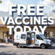 A viral, hyper-realistic YouTube thumbnail with a hopeful community health atmosphere. The background is a sunny Western Colorado street scene with subtle mountain outlines and warm inviting lighting. The composition uses a low angle to focus on the main subject: a detailed faceless mobile health clinic van parked at a community center with open doors and health symbols. The image features massive 3D typography with strict hierarchy: The Primary Text reads exactly: 'Free Vaccines Today'. This text is massive, the largest element in the frame, rendered in clean white chrome with blue accents to look like a high-budget 3D render. The Secondary Text reads exactly: 'Grand Junction Mobile Clinic'. This text is significantly smaller, positioned below the main text. It features a thick, distinct orange border/outline (sticker style) to contrast against the background. Make sure text 2 is always different theme, style, effect and border compared to text 1.