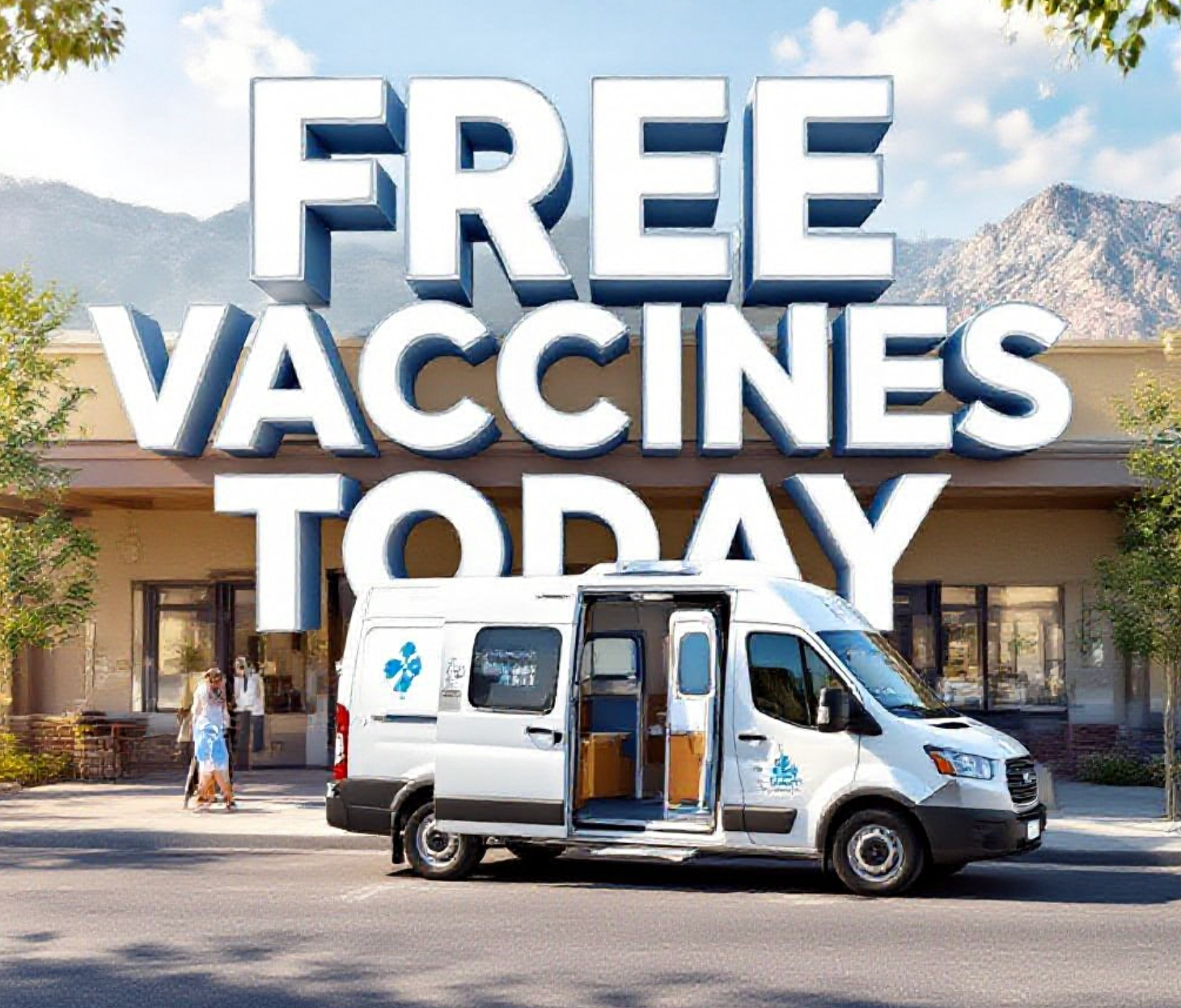 A viral, hyper-realistic YouTube thumbnail with a hopeful community health atmosphere. The background is a sunny Western Colorado street scene with subtle mountain outlines and warm inviting lighting. The composition uses a low angle to focus on the main subject: a detailed faceless mobile health clinic van parked at a community center with open doors and health symbols. The image features massive 3D typography with strict hierarchy: The Primary Text reads exactly: 'Free Vaccines Today'. This text is massive, the largest element in the frame, rendered in clean white chrome with blue accents to look like a high-budget 3D render. The Secondary Text reads exactly: 'Grand Junction Mobile Clinic'. This text is significantly smaller, positioned below the main text. It features a thick, distinct orange border/outline (sticker style) to contrast against the background. Make sure text 2 is always different theme, style, effect and border compared to text 1.