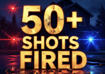 A viral, hyper-realistic YouTube thumbnail with a tense crime-night atmosphere. The background is a dark suburban street in Grand Junction, Colorado at night with red and blue police lights flashing across quiet homes and scattered shell casings glowing on wet pavement. The composition uses a dramatic low-angle shot to focus on the main subject: a bullet-riddled house exterior with a clear bullet hole in the siding. The image features massive 3D typography with strict hierarchy: The Primary Text reads exactly: '50+ SHOTS FIRED'. This text is massive, the largest element in the frame, rendered in glowing hot orange metal with bullet impact sparks flying off the letters. The Secondary Text reads exactly: 'Grand Junction Still Searching'. This text is significantly smaller, positioned below the main text with a thick white outline and red sticker-style border to pop against the dark background. There is absolutely NO other text, numbers, watermarks, or subtitles in this image other than these two specific lines. 8k, Unreal Engine 5, cinematic render