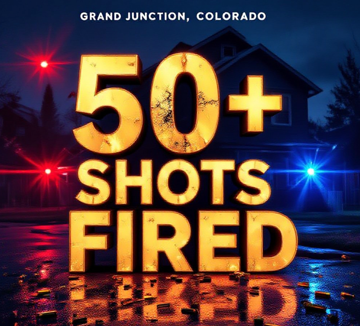 A viral, hyper-realistic YouTube thumbnail with a tense crime-night atmosphere. The background is a dark suburban street in Grand Junction, Colorado at night with red and blue police lights flashing across quiet homes and scattered shell casings glowing on wet pavement. The composition uses a dramatic low-angle shot to focus on the main subject: a bullet-riddled house exterior with a clear bullet hole in the siding. The image features massive 3D typography with strict hierarchy: The Primary Text reads exactly: '50+ SHOTS FIRED'. This text is massive, the largest element in the frame, rendered in glowing hot orange metal with bullet impact sparks flying off the letters. The Secondary Text reads exactly: 'Grand Junction Still Searching'. This text is significantly smaller, positioned below the main text with a thick white outline and red sticker-style border to pop against the dark background. There is absolutely NO other text, numbers, watermarks, or subtitles in this image other than these two specific lines. 8k, Unreal Engine 5, cinematic render