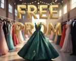 A viral, hyper-realistic YouTube thumbnail with a warm, magical prom-night atmosphere. The background is a softly lit warehouse transformed into a glittering free prom shop with racks of colorful dresses and suits glowing under string lights and golden hour sunlight streaming through windows. The composition uses a dramatic low angle to focus on the main subject: a sparkling emerald prom dress floating as if just pulled from the rack by invisible hands. The image features massive 3D typography with strict hierarchy: The Primary Text reads exactly: 'FREE PROM'. This text is massive, the largest element in the frame, rendered in luxurious liquid gold with diamond sparkles to look like a high-budget 3D render. The Secondary Text reads exactly: 'Grand Junction 2025'. This text is significantly smaller, positioned below the main text. It features a thick hot-pink neon outline with glowing edge effect to contrast against the background. Make sure text 2 is always different theme, style, effect and border compared to text 1. The text materials correspond to the story's concept. Crucial Instruction: There is absolutely NO other text, numbers, watermarks, or subtitles in this image other than these two specific lines. 8k, Unreal Engine 5, cinematic render