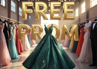 A viral, hyper-realistic YouTube thumbnail with a warm, magical prom-night atmosphere. The background is a softly lit warehouse transformed into a glittering free prom shop with racks of colorful dresses and suits glowing under string lights and golden hour sunlight streaming through windows. The composition uses a dramatic low angle to focus on the main subject: a sparkling emerald prom dress floating as if just pulled from the rack by invisible hands. The image features massive 3D typography with strict hierarchy: The Primary Text reads exactly: 'FREE PROM'. This text is massive, the largest element in the frame, rendered in luxurious liquid gold with diamond sparkles to look like a high-budget 3D render. The Secondary Text reads exactly: 'Grand Junction 2025'. This text is significantly smaller, positioned below the main text. It features a thick hot-pink neon outline with glowing edge effect to contrast against the background. Make sure text 2 is always different theme, style, effect and border compared to text 1. The text materials correspond to the story's concept. Crucial Instruction: There is absolutely NO other text, numbers, watermarks, or subtitles in this image other than these two specific lines. 8k, Unreal Engine 5, cinematic render