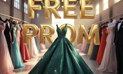 A viral, hyper-realistic YouTube thumbnail with a warm, magical prom-night atmosphere. The background is a softly lit warehouse transformed into a glittering free prom shop with racks of colorful dresses and suits glowing under string lights and golden hour sunlight streaming through windows. The composition uses a dramatic low angle to focus on the main subject: a sparkling emerald prom dress floating as if just pulled from the rack by invisible hands. The image features massive 3D typography with strict hierarchy: The Primary Text reads exactly: 'FREE PROM'. This text is massive, the largest element in the frame, rendered in luxurious liquid gold with diamond sparkles to look like a high-budget 3D render. The Secondary Text reads exactly: 'Grand Junction 2025'. This text is significantly smaller, positioned below the main text. It features a thick hot-pink neon outline with glowing edge effect to contrast against the background. Make sure text 2 is always different theme, style, effect and border compared to text 1. The text materials correspond to the story's concept. Crucial Instruction: There is absolutely NO other text, numbers, watermarks, or subtitles in this image other than these two specific lines. 8k, Unreal Engine 5, cinematic render