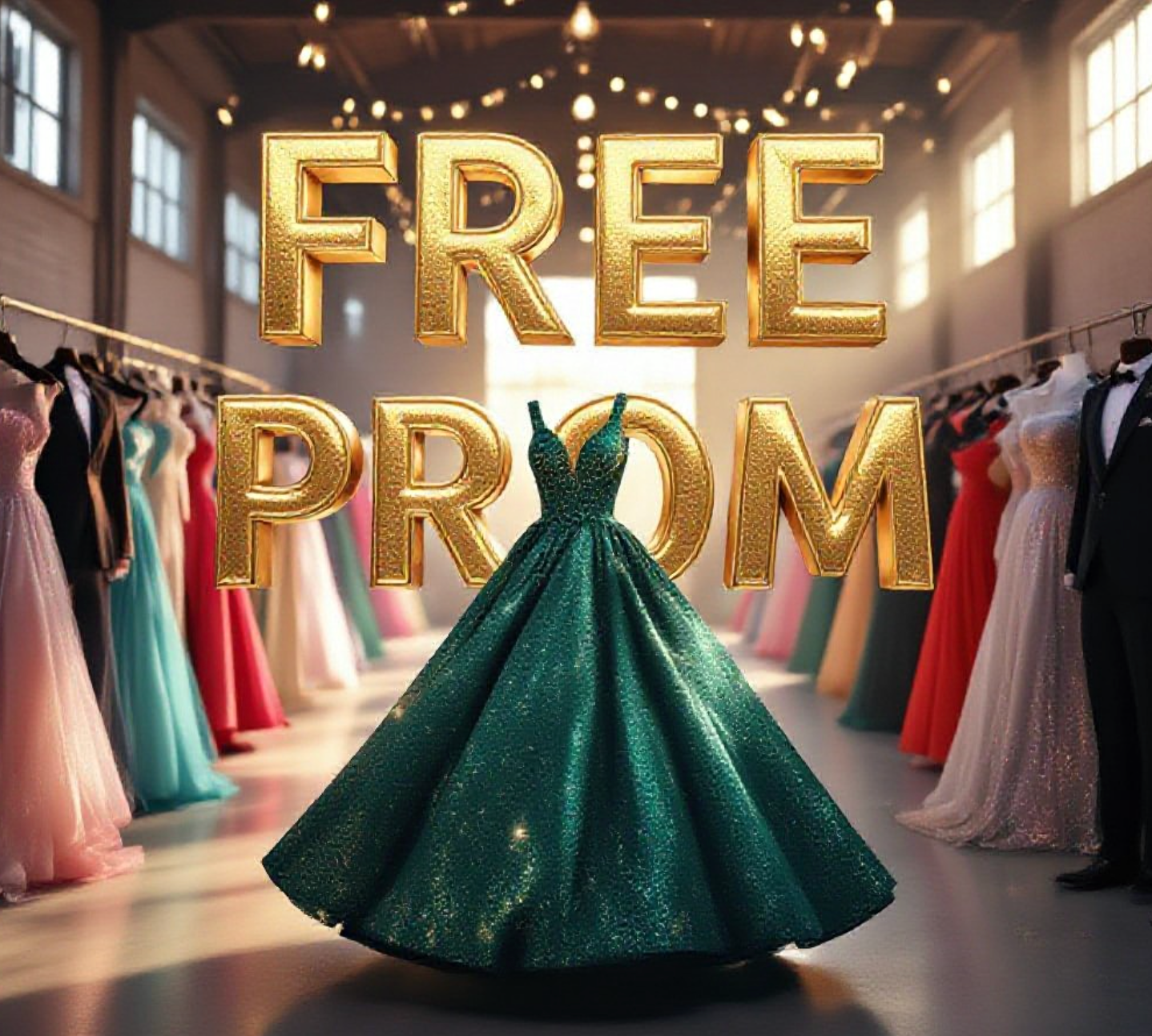 A viral, hyper-realistic YouTube thumbnail with a warm, magical prom-night atmosphere. The background is a softly lit warehouse transformed into a glittering free prom shop with racks of colorful dresses and suits glowing under string lights and golden hour sunlight streaming through windows. The composition uses a dramatic low angle to focus on the main subject: a sparkling emerald prom dress floating as if just pulled from the rack by invisible hands. The image features massive 3D typography with strict hierarchy: The Primary Text reads exactly: 'FREE PROM'. This text is massive, the largest element in the frame, rendered in luxurious liquid gold with diamond sparkles to look like a high-budget 3D render. The Secondary Text reads exactly: 'Grand Junction 2025'. This text is significantly smaller, positioned below the main text. It features a thick hot-pink neon outline with glowing edge effect to contrast against the background. Make sure text 2 is always different theme, style, effect and border compared to text 1. The text materials correspond to the story's concept. Crucial Instruction: There is absolutely NO other text, numbers, watermarks, or subtitles in this image other than these two specific lines. 8k, Unreal Engine 5, cinematic render