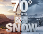 A viral, hyper-realistic YouTube thumbnail with a dramatic weather vibe atmosphere. The background is a split-scene Colorado landscape showing golden sunshine over red rock canyons on the left fading into dark storm clouds and fresh snow on the mountains on the right with visible rain shafts. The composition uses a dramatic wide-angle view to focus on the main subject: a large, cracked temperature gauge showing 70 degrees on one side and 32 degrees on the other. The image features massive 3D typography with strict hierarchy: The Primary Text reads exactly: '70° THEN SNOW'. This text is massive, the largest element in the frame, rendered in molten chrome and fire effect to look like a high-budget 3D render. The Secondary Text reads exactly: 'This Week!'. This text is significantly smaller, positioned below the main text. It features a thick, electric blue glowing border/outline to contrast against the background. Make sure text 2 is always different theme, style, effect and border compared to text 1. The text materials correspond to the story's concept. Crucial Instruction: There is absolutely NO other text, numbers, watermarks, or subtitles in this image other than these two specific lines. 8k, Unreal Engine 5, cinematic render