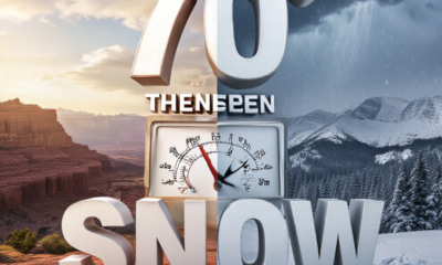 A viral, hyper-realistic YouTube thumbnail with a dramatic weather vibe atmosphere. The background is a split-scene Colorado landscape showing golden sunshine over red rock canyons on the left fading into dark storm clouds and fresh snow on the mountains on the right with visible rain shafts. The composition uses a dramatic wide-angle view to focus on the main subject: a large, cracked temperature gauge showing 70 degrees on one side and 32 degrees on the other. The image features massive 3D typography with strict hierarchy: The Primary Text reads exactly: '70° THEN SNOW'. This text is massive, the largest element in the frame, rendered in molten chrome and fire effect to look like a high-budget 3D render. The Secondary Text reads exactly: 'This Week!'. This text is significantly smaller, positioned below the main text. It features a thick, electric blue glowing border/outline to contrast against the background. Make sure text 2 is always different theme, style, effect and border compared to text 1. The text materials correspond to the story's concept. Crucial Instruction: There is absolutely NO other text, numbers, watermarks, or subtitles in this image other than these two specific lines. 8k, Unreal Engine 5, cinematic render