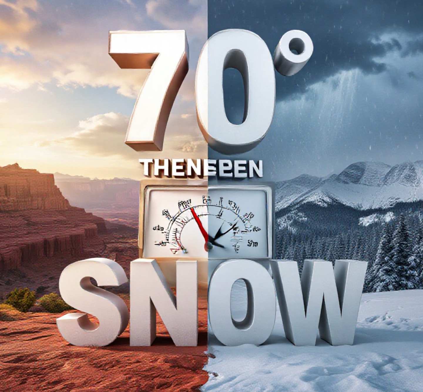 A viral, hyper-realistic YouTube thumbnail with a dramatic weather vibe atmosphere. The background is a split-scene Colorado landscape showing golden sunshine over red rock canyons on the left fading into dark storm clouds and fresh snow on the mountains on the right with visible rain shafts. The composition uses a dramatic wide-angle view to focus on the main subject: a large, cracked temperature gauge showing 70 degrees on one side and 32 degrees on the other. The image features massive 3D typography with strict hierarchy: The Primary Text reads exactly: '70° THEN SNOW'. This text is massive, the largest element in the frame, rendered in molten chrome and fire effect to look like a high-budget 3D render. The Secondary Text reads exactly: 'This Week!'. This text is significantly smaller, positioned below the main text. It features a thick, electric blue glowing border/outline to contrast against the background. Make sure text 2 is always different theme, style, effect and border compared to text 1. The text materials correspond to the story's concept. Crucial Instruction: There is absolutely NO other text, numbers, watermarks, or subtitles in this image other than these two specific lines. 8k, Unreal Engine 5, cinematic render