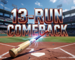A viral, hyper-realistic YouTube thumbnail with a high-energy college baseball stadium atmosphere. The background is a packed sunny Grand Junction ballpark with red dirt infield and green outfield walls under clear blue Colorado sky with dramatic golden hour lighting. The composition uses a low-angle heroic shot to focus on the main subject: a cracked baseball bat wrapped in electric blue energy cracks. The image features massive 3D typography with strict hierarchy: The Primary Text reads exactly: '13-RUN COMEBACK'. This text is massive, the largest element in the frame, rendered in glowing crimson chrome with electric blue energy cracks running through it to look like a high-budget 3D render. The Secondary Text reads exactly: 'MAVS SWEEP NO. 13'. This text is significantly smaller, positioned below the main text with thick white outline and red drop shadow sticker style to contrast against the background. The text materials correspond to the story's concept. Crucial Instruction: There is absolutely NO other text, numbers, watermarks, or subtitles in this image other than these two specific lines. 8k, Unreal Engine 5, cinematic render
