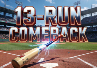 A viral, hyper-realistic YouTube thumbnail with a high-energy college baseball stadium atmosphere. The background is a packed sunny Grand Junction ballpark with red dirt infield and green outfield walls under clear blue Colorado sky with dramatic golden hour lighting. The composition uses a low-angle heroic shot to focus on the main subject: a cracked baseball bat wrapped in electric blue energy cracks. The image features massive 3D typography with strict hierarchy: The Primary Text reads exactly: '13-RUN COMEBACK'. This text is massive, the largest element in the frame, rendered in glowing crimson chrome with electric blue energy cracks running through it to look like a high-budget 3D render. The Secondary Text reads exactly: 'MAVS SWEEP NO. 13'. This text is significantly smaller, positioned below the main text with thick white outline and red drop shadow sticker style to contrast against the background. The text materials correspond to the story's concept. Crucial Instruction: There is absolutely NO other text, numbers, watermarks, or subtitles in this image other than these two specific lines. 8k, Unreal Engine 5, cinematic render