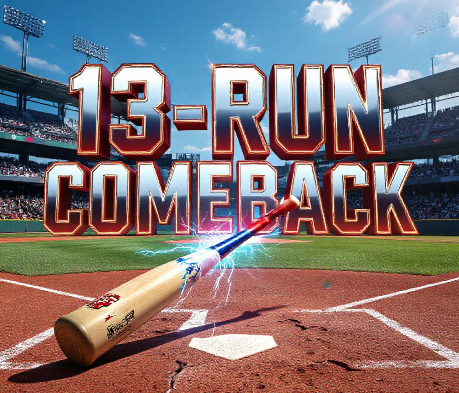 A viral, hyper-realistic YouTube thumbnail with a high-energy college baseball stadium atmosphere. The background is a packed sunny Grand Junction ballpark with red dirt infield and green outfield walls under clear blue Colorado sky with dramatic golden hour lighting. The composition uses a low-angle heroic shot to focus on the main subject: a cracked baseball bat wrapped in electric blue energy cracks. The image features massive 3D typography with strict hierarchy: The Primary Text reads exactly: '13-RUN COMEBACK'. This text is massive, the largest element in the frame, rendered in glowing crimson chrome with electric blue energy cracks running through it to look like a high-budget 3D render. The Secondary Text reads exactly: 'MAVS SWEEP NO. 13'. This text is significantly smaller, positioned below the main text with thick white outline and red drop shadow sticker style to contrast against the background. The text materials correspond to the story's concept. Crucial Instruction: There is absolutely NO other text, numbers, watermarks, or subtitles in this image other than these two specific lines. 8k, Unreal Engine 5, cinematic render