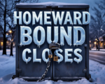 A viral, hyper-realistic YouTube thumbnail with a somber winter Colorado atmosphere. The background is a snowy North Avenue street in Grand Junction at dawn with frost-covered sidewalks and bare trees under cold blue light. The composition uses a low angle to focus on the main subject: a large weathered metal shelter door permanently locked with a heavy chain and padlock. The image features massive 3D typography with strict hierarchy: The Primary Text reads exactly: 'HOMEWARD BOUND CLOSES'. This text is massive, the largest element in the frame, rendered in frozen ice material with cracks and frost details to look like a high-budget 3D render. The Secondary Text reads exactly: '100 Beds Lost Overnight'. This text is significantly smaller, positioned below the main text. It features a thick red outline with glowing edge effect to contrast against the cold background. Make sure text 2 is always different theme, style, effect and border compared to text 1. The text materials correspond to the story's concept. Crucial Instruction: There is absolutely NO other text, numbers, watermarks, or subtitles in this image other than these two specific lines. 8k, Unreal Engine 5, cinematic render