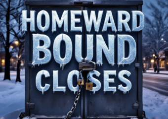 A viral, hyper-realistic YouTube thumbnail with a somber winter Colorado atmosphere. The background is a snowy North Avenue street in Grand Junction at dawn with frost-covered sidewalks and bare trees under cold blue light. The composition uses a low angle to focus on the main subject: a large weathered metal shelter door permanently locked with a heavy chain and padlock. The image features massive 3D typography with strict hierarchy: The Primary Text reads exactly: 'HOMEWARD BOUND CLOSES'. This text is massive, the largest element in the frame, rendered in frozen ice material with cracks and frost details to look like a high-budget 3D render. The Secondary Text reads exactly: '100 Beds Lost Overnight'. This text is significantly smaller, positioned below the main text. It features a thick red outline with glowing edge effect to contrast against the cold background. Make sure text 2 is always different theme, style, effect and border compared to text 1. The text materials correspond to the story's concept. Crucial Instruction: There is absolutely NO other text, numbers, watermarks, or subtitles in this image other than these two specific lines. 8k, Unreal Engine 5, cinematic render