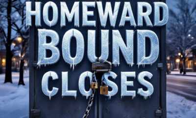 A viral, hyper-realistic YouTube thumbnail with a somber winter Colorado atmosphere. The background is a snowy North Avenue street in Grand Junction at dawn with frost-covered sidewalks and bare trees under cold blue light. The composition uses a low angle to focus on the main subject: a large weathered metal shelter door permanently locked with a heavy chain and padlock. The image features massive 3D typography with strict hierarchy: The Primary Text reads exactly: 'HOMEWARD BOUND CLOSES'. This text is massive, the largest element in the frame, rendered in frozen ice material with cracks and frost details to look like a high-budget 3D render. The Secondary Text reads exactly: '100 Beds Lost Overnight'. This text is significantly smaller, positioned below the main text. It features a thick red outline with glowing edge effect to contrast against the cold background. Make sure text 2 is always different theme, style, effect and border compared to text 1. The text materials correspond to the story's concept. Crucial Instruction: There is absolutely NO other text, numbers, watermarks, or subtitles in this image other than these two specific lines. 8k, Unreal Engine 5, cinematic render