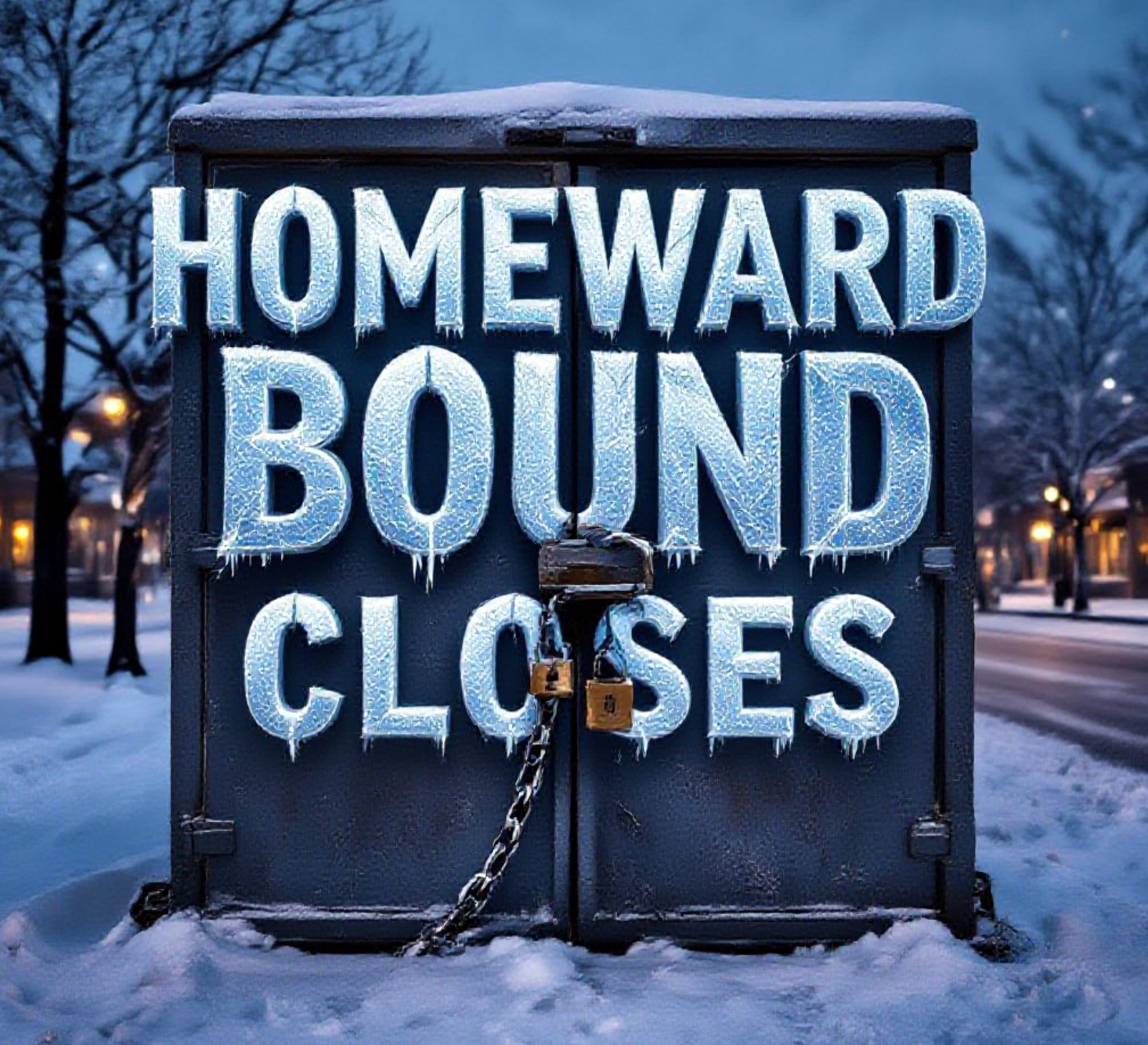 A viral, hyper-realistic YouTube thumbnail with a somber winter Colorado atmosphere. The background is a snowy North Avenue street in Grand Junction at dawn with frost-covered sidewalks and bare trees under cold blue light. The composition uses a low angle to focus on the main subject: a large weathered metal shelter door permanently locked with a heavy chain and padlock. The image features massive 3D typography with strict hierarchy: The Primary Text reads exactly: 'HOMEWARD BOUND CLOSES'. This text is massive, the largest element in the frame, rendered in frozen ice material with cracks and frost details to look like a high-budget 3D render. The Secondary Text reads exactly: '100 Beds Lost Overnight'. This text is significantly smaller, positioned below the main text. It features a thick red outline with glowing edge effect to contrast against the cold background. Make sure text 2 is always different theme, style, effect and border compared to text 1. The text materials correspond to the story's concept. Crucial Instruction: There is absolutely NO other text, numbers, watermarks, or subtitles in this image other than these two specific lines. 8k, Unreal Engine 5, cinematic render