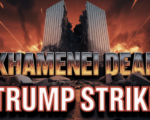 A viral, hyper-realistic YouTube thumbnail with a dramatic wartime atmosphere. The background is a dark Tehran skyline shattered by massive explosions and burning compounds under a blood-red sky with tracer fire streaks. The composition uses a dramatic low-angle shot to focus on the main subject: a massive shattered marble supreme leader podium cracked in half with smoke rising. The image features massive 3D typography with strict hierarchy: The Primary Text reads exactly: 'KHAMENEI DEAD'. This text is massive, the largest element in the frame, rendered in burning chrome and molten metal with flames dripping to look like a high-budget 3D render. The Secondary Text reads exactly: 'TRUMP STRIKE'. This text is significantly smaller, positioned below the main text. It features a thick, glowing red border/outline (sticker style) to contrast against the background. Make sure text 2 is always different theme, style, effect and border compared to text 1. The text materials correspond to the story's concept. Crucial Instruction: There is absolutely NO other text, numbers, watermarks, or subtitles in this image other than these two specific lines. 8k, Unreal Engine 5, cinematic render