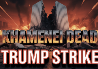 A viral, hyper-realistic YouTube thumbnail with a dramatic wartime atmosphere. The background is a dark Tehran skyline shattered by massive explosions and burning compounds under a blood-red sky with tracer fire streaks. The composition uses a dramatic low-angle shot to focus on the main subject: a massive shattered marble supreme leader podium cracked in half with smoke rising. The image features massive 3D typography with strict hierarchy: The Primary Text reads exactly: 'KHAMENEI DEAD'. This text is massive, the largest element in the frame, rendered in burning chrome and molten metal with flames dripping to look like a high-budget 3D render. The Secondary Text reads exactly: 'TRUMP STRIKE'. This text is significantly smaller, positioned below the main text. It features a thick, glowing red border/outline (sticker style) to contrast against the background. Make sure text 2 is always different theme, style, effect and border compared to text 1. The text materials correspond to the story's concept. Crucial Instruction: There is absolutely NO other text, numbers, watermarks, or subtitles in this image other than these two specific lines. 8k, Unreal Engine 5, cinematic render