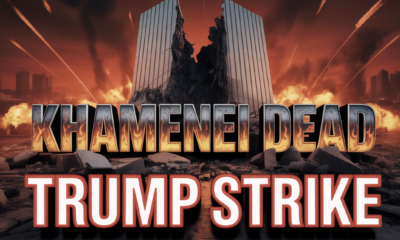 A viral, hyper-realistic YouTube thumbnail with a dramatic wartime atmosphere. The background is a dark Tehran skyline shattered by massive explosions and burning compounds under a blood-red sky with tracer fire streaks. The composition uses a dramatic low-angle shot to focus on the main subject: a massive shattered marble supreme leader podium cracked in half with smoke rising. The image features massive 3D typography with strict hierarchy: The Primary Text reads exactly: 'KHAMENEI DEAD'. This text is massive, the largest element in the frame, rendered in burning chrome and molten metal with flames dripping to look like a high-budget 3D render. The Secondary Text reads exactly: 'TRUMP STRIKE'. This text is significantly smaller, positioned below the main text. It features a thick, glowing red border/outline (sticker style) to contrast against the background. Make sure text 2 is always different theme, style, effect and border compared to text 1. The text materials correspond to the story's concept. Crucial Instruction: There is absolutely NO other text, numbers, watermarks, or subtitles in this image other than these two specific lines. 8k, Unreal Engine 5, cinematic render