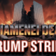 A viral, hyper-realistic YouTube thumbnail with a dramatic wartime atmosphere. The background is a dark Tehran skyline shattered by massive explosions and burning compounds under a blood-red sky with tracer fire streaks. The composition uses a dramatic low-angle shot to focus on the main subject: a massive shattered marble supreme leader podium cracked in half with smoke rising. The image features massive 3D typography with strict hierarchy: The Primary Text reads exactly: 'KHAMENEI DEAD'. This text is massive, the largest element in the frame, rendered in burning chrome and molten metal with flames dripping to look like a high-budget 3D render. The Secondary Text reads exactly: 'TRUMP STRIKE'. This text is significantly smaller, positioned below the main text. It features a thick, glowing red border/outline (sticker style) to contrast against the background. Make sure text 2 is always different theme, style, effect and border compared to text 1. The text materials correspond to the story's concept. Crucial Instruction: There is absolutely NO other text, numbers, watermarks, or subtitles in this image other than these two specific lines. 8k, Unreal Engine 5, cinematic render