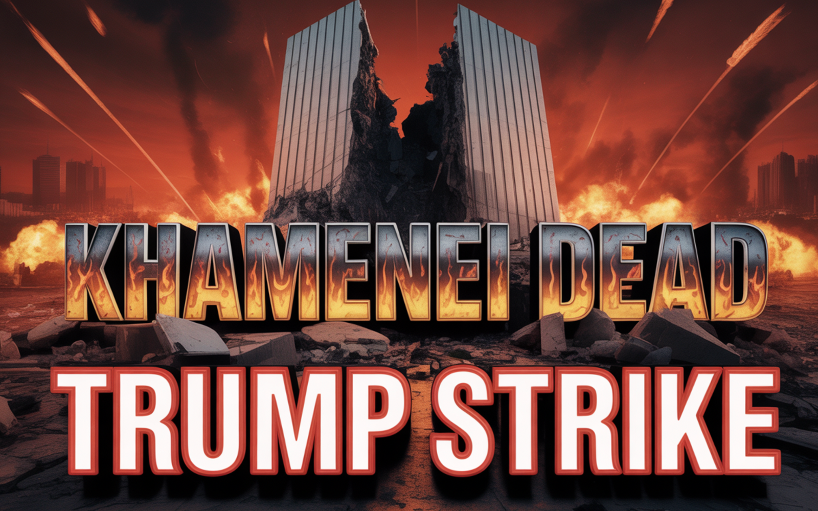 A viral, hyper-realistic YouTube thumbnail with a dramatic wartime atmosphere. The background is a dark Tehran skyline shattered by massive explosions and burning compounds under a blood-red sky with tracer fire streaks. The composition uses a dramatic low-angle shot to focus on the main subject: a massive shattered marble supreme leader podium cracked in half with smoke rising. The image features massive 3D typography with strict hierarchy: The Primary Text reads exactly: 'KHAMENEI DEAD'. This text is massive, the largest element in the frame, rendered in burning chrome and molten metal with flames dripping to look like a high-budget 3D render. The Secondary Text reads exactly: 'TRUMP STRIKE'. This text is significantly smaller, positioned below the main text. It features a thick, glowing red border/outline (sticker style) to contrast against the background. Make sure text 2 is always different theme, style, effect and border compared to text 1. The text materials correspond to the story's concept. Crucial Instruction: There is absolutely NO other text, numbers, watermarks, or subtitles in this image other than these two specific lines. 8k, Unreal Engine 5, cinematic render