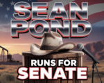 A viral, hyper-realistic YouTube thumbnail with a bold patriotic American West atmosphere. The background is a dramatic Colorado sunset over rugged red rock mountains with an oil pumpjack silhouette on the horizon and a faint American flag waving. The composition uses a low-angle heroic shot to focus on the main subject: a weathered cowboy hat resting on a wooden podium with a microphone. The image features massive 3D typography with strict hierarchy: The Primary Text reads exactly: 'SEAN POND'. This text is massive, the largest element in the frame, rendered in brushed chrome metal with red-white-blue glow to look like a high-budget 3D render. The Secondary Text reads exactly: 'RUNS FOR SENATE'. This text is significantly smaller, positioned below the main text. It features a thick white border with red outline in sticker style to contrast against the background. Make sure text 2 is always different theme, style, effect and border compared to text 1. The text materials correspond to the story's concept. Crucial Instruction: There is absolutely NO other text, numbers, watermarks, or subtitles in this image other than these two specific lines. 8k, Unreal Engine 5, cinematic render