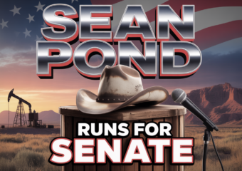 A viral, hyper-realistic YouTube thumbnail with a bold patriotic American West atmosphere. The background is a dramatic Colorado sunset over rugged red rock mountains with an oil pumpjack silhouette on the horizon and a faint American flag waving. The composition uses a low-angle heroic shot to focus on the main subject: a weathered cowboy hat resting on a wooden podium with a microphone. The image features massive 3D typography with strict hierarchy: The Primary Text reads exactly: 'SEAN POND'. This text is massive, the largest element in the frame, rendered in brushed chrome metal with red-white-blue glow to look like a high-budget 3D render. The Secondary Text reads exactly: 'RUNS FOR SENATE'. This text is significantly smaller, positioned below the main text. It features a thick white border with red outline in sticker style to contrast against the background. Make sure text 2 is always different theme, style, effect and border compared to text 1. The text materials correspond to the story's concept. Crucial Instruction: There is absolutely NO other text, numbers, watermarks, or subtitles in this image other than these two specific lines. 8k, Unreal Engine 5, cinematic render