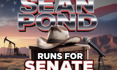 A viral, hyper-realistic YouTube thumbnail with a bold patriotic American West atmosphere. The background is a dramatic Colorado sunset over rugged red rock mountains with an oil pumpjack silhouette on the horizon and a faint American flag waving. The composition uses a low-angle heroic shot to focus on the main subject: a weathered cowboy hat resting on a wooden podium with a microphone. The image features massive 3D typography with strict hierarchy: The Primary Text reads exactly: 'SEAN POND'. This text is massive, the largest element in the frame, rendered in brushed chrome metal with red-white-blue glow to look like a high-budget 3D render. The Secondary Text reads exactly: 'RUNS FOR SENATE'. This text is significantly smaller, positioned below the main text. It features a thick white border with red outline in sticker style to contrast against the background. Make sure text 2 is always different theme, style, effect and border compared to text 1. The text materials correspond to the story's concept. Crucial Instruction: There is absolutely NO other text, numbers, watermarks, or subtitles in this image other than these two specific lines. 8k, Unreal Engine 5, cinematic render