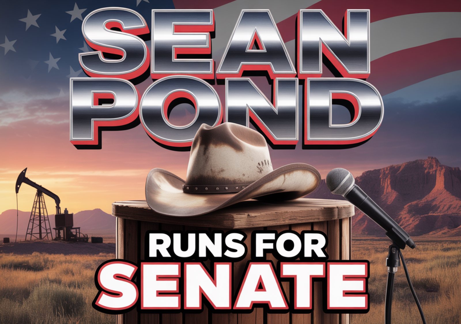 A viral, hyper-realistic YouTube thumbnail with a bold patriotic American West atmosphere. The background is a dramatic Colorado sunset over rugged red rock mountains with an oil pumpjack silhouette on the horizon and a faint American flag waving. The composition uses a low-angle heroic shot to focus on the main subject: a weathered cowboy hat resting on a wooden podium with a microphone. The image features massive 3D typography with strict hierarchy: The Primary Text reads exactly: 'SEAN POND'. This text is massive, the largest element in the frame, rendered in brushed chrome metal with red-white-blue glow to look like a high-budget 3D render. The Secondary Text reads exactly: 'RUNS FOR SENATE'. This text is significantly smaller, positioned below the main text. It features a thick white border with red outline in sticker style to contrast against the background. Make sure text 2 is always different theme, style, effect and border compared to text 1. The text materials correspond to the story's concept. Crucial Instruction: There is absolutely NO other text, numbers, watermarks, or subtitles in this image other than these two specific lines. 8k, Unreal Engine 5, cinematic render