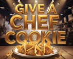 A viral, hyper-realistic YouTube thumbnail with a warm, bustling kitchen atmosphere. The background is a packed Grand Junction warehouse venue with dramatic overhead spotlights cutting through steam. The composition uses a low-angle shot to focus on the main subject: a gleaming trophy plate holding chicken-peanut curry wonton tacos with crushed Peanut Butter Patties visibly embedded in golden shells. The image features massive 3D typography with strict hierarchy: The Primary Text reads exactly: 'GIVE A CHEF A COOKIE'. This text is massive, the largest element in the frame, rendered in molten caramel gold chrome to look like a high-budget 3D render. The Secondary Text reads exactly: 'SAVORY COOKIE WINNERS 2026'. This text is significantly smaller, positioned below the main text. It features a thick, electric lime-green border/outline (sticker style) to contrast against the background. Make sure text 2 is always different theme, style, effect and border compared to text 1. The text materials correspond to the story's concept. Crucial Instruction: There is absolutely NO other text, numbers, watermarks, or subtitles in this image other than these two specific lines. 8k, Unreal Engine 5, cinematic render