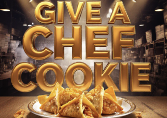 A viral, hyper-realistic YouTube thumbnail with a warm, bustling kitchen atmosphere. The background is a packed Grand Junction warehouse venue with dramatic overhead spotlights cutting through steam. The composition uses a low-angle shot to focus on the main subject: a gleaming trophy plate holding chicken-peanut curry wonton tacos with crushed Peanut Butter Patties visibly embedded in golden shells. The image features massive 3D typography with strict hierarchy: The Primary Text reads exactly: 'GIVE A CHEF A COOKIE'. This text is massive, the largest element in the frame, rendered in molten caramel gold chrome to look like a high-budget 3D render. The Secondary Text reads exactly: 'SAVORY COOKIE WINNERS 2026'. This text is significantly smaller, positioned below the main text. It features a thick, electric lime-green border/outline (sticker style) to contrast against the background. Make sure text 2 is always different theme, style, effect and border compared to text 1. The text materials correspond to the story's concept. Crucial Instruction: There is absolutely NO other text, numbers, watermarks, or subtitles in this image other than these two specific lines. 8k, Unreal Engine 5, cinematic render