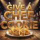 A viral, hyper-realistic YouTube thumbnail with a warm, bustling kitchen atmosphere. The background is a packed Grand Junction warehouse venue with dramatic overhead spotlights cutting through steam. The composition uses a low-angle shot to focus on the main subject: a gleaming trophy plate holding chicken-peanut curry wonton tacos with crushed Peanut Butter Patties visibly embedded in golden shells. The image features massive 3D typography with strict hierarchy: The Primary Text reads exactly: 'GIVE A CHEF A COOKIE'. This text is massive, the largest element in the frame, rendered in molten caramel gold chrome to look like a high-budget 3D render. The Secondary Text reads exactly: 'SAVORY COOKIE WINNERS 2026'. This text is significantly smaller, positioned below the main text. It features a thick, electric lime-green border/outline (sticker style) to contrast against the background. Make sure text 2 is always different theme, style, effect and border compared to text 1. The text materials correspond to the story's concept. Crucial Instruction: There is absolutely NO other text, numbers, watermarks, or subtitles in this image other than these two specific lines. 8k, Unreal Engine 5, cinematic render