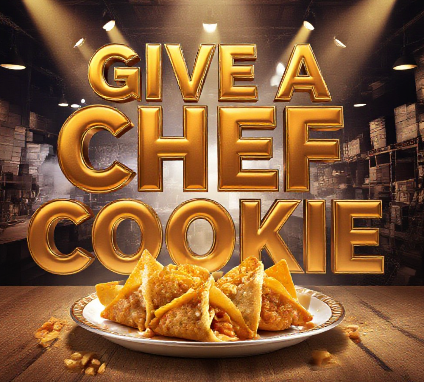 A viral, hyper-realistic YouTube thumbnail with a warm, bustling kitchen atmosphere. The background is a packed Grand Junction warehouse venue with dramatic overhead spotlights cutting through steam. The composition uses a low-angle shot to focus on the main subject: a gleaming trophy plate holding chicken-peanut curry wonton tacos with crushed Peanut Butter Patties visibly embedded in golden shells. The image features massive 3D typography with strict hierarchy: The Primary Text reads exactly: 'GIVE A CHEF A COOKIE'. This text is massive, the largest element in the frame, rendered in molten caramel gold chrome to look like a high-budget 3D render. The Secondary Text reads exactly: 'SAVORY COOKIE WINNERS 2026'. This text is significantly smaller, positioned below the main text. It features a thick, electric lime-green border/outline (sticker style) to contrast against the background. Make sure text 2 is always different theme, style, effect and border compared to text 1. The text materials correspond to the story's concept. Crucial Instruction: There is absolutely NO other text, numbers, watermarks, or subtitles in this image other than these two specific lines. 8k, Unreal Engine 5, cinematic render